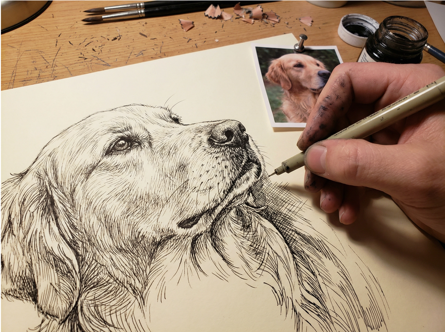 Person drawing a detailed illustration of a dog on paper with a pen.