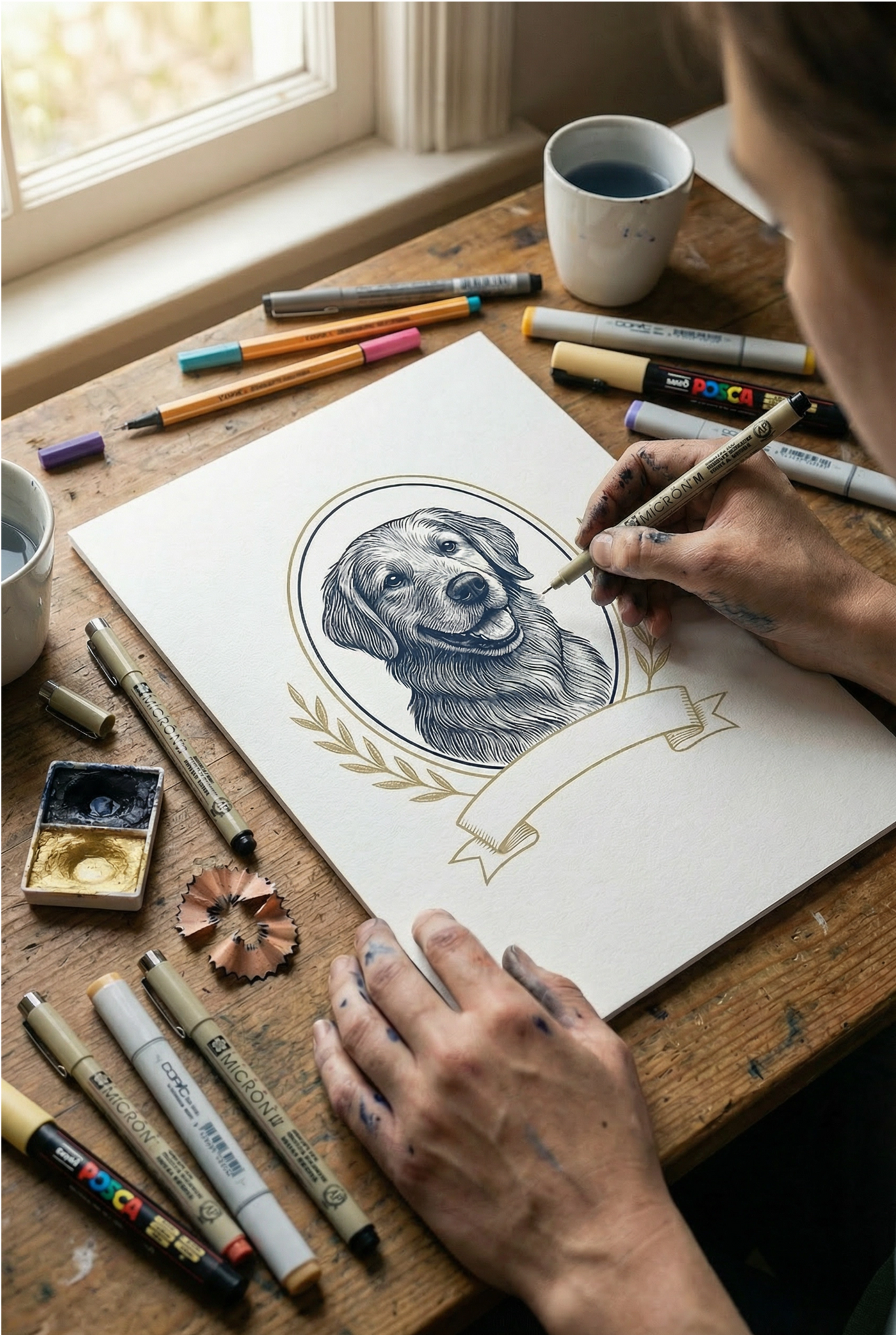Person drawing a dog illustration on paper with markers on a wooden table.