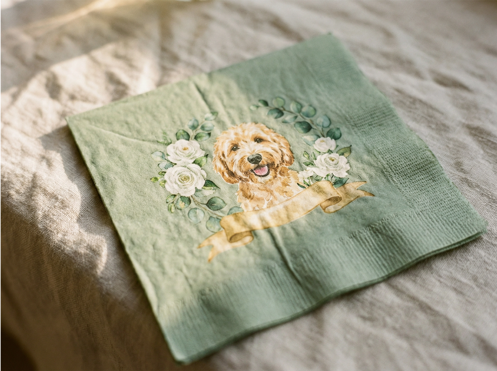Green fabric with embroidered dog and floral design on a textured surface