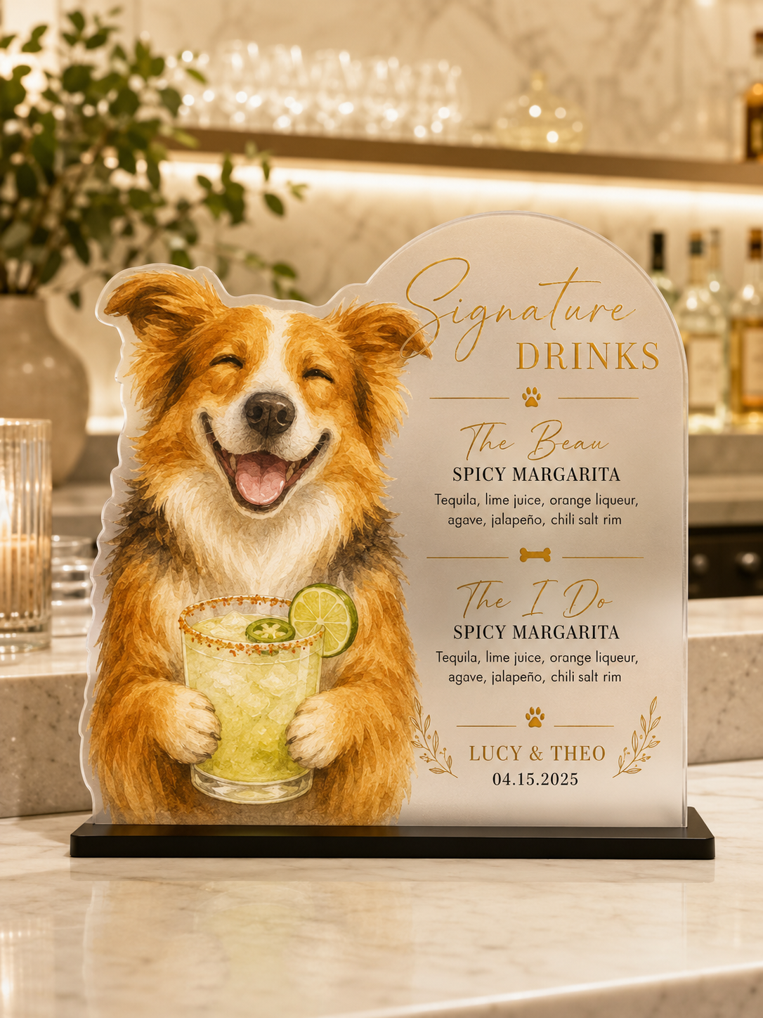 Custom dog napkins and frosted cups at a wedding bar