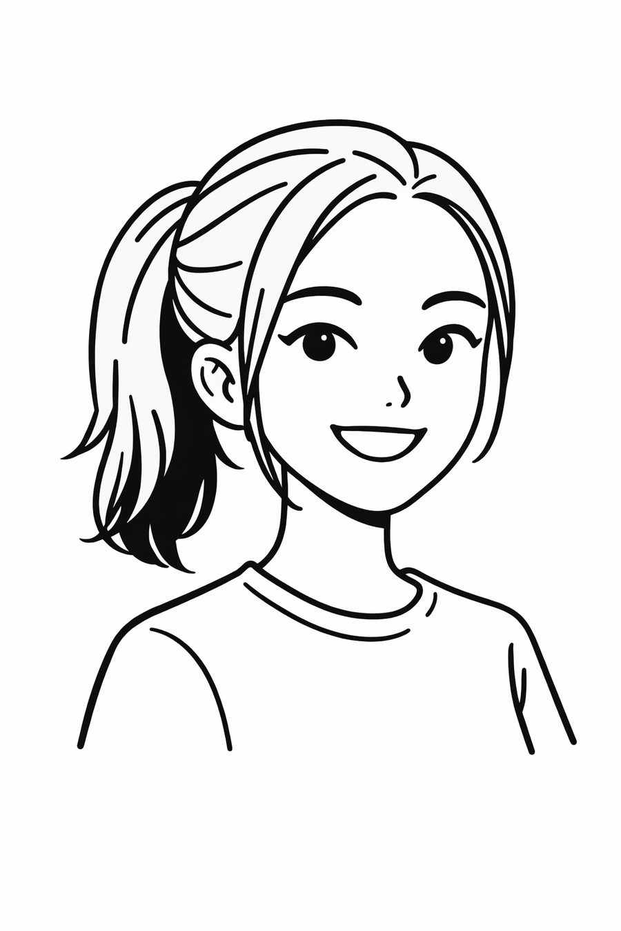 Black and white line drawing of a person with short hair on a white background