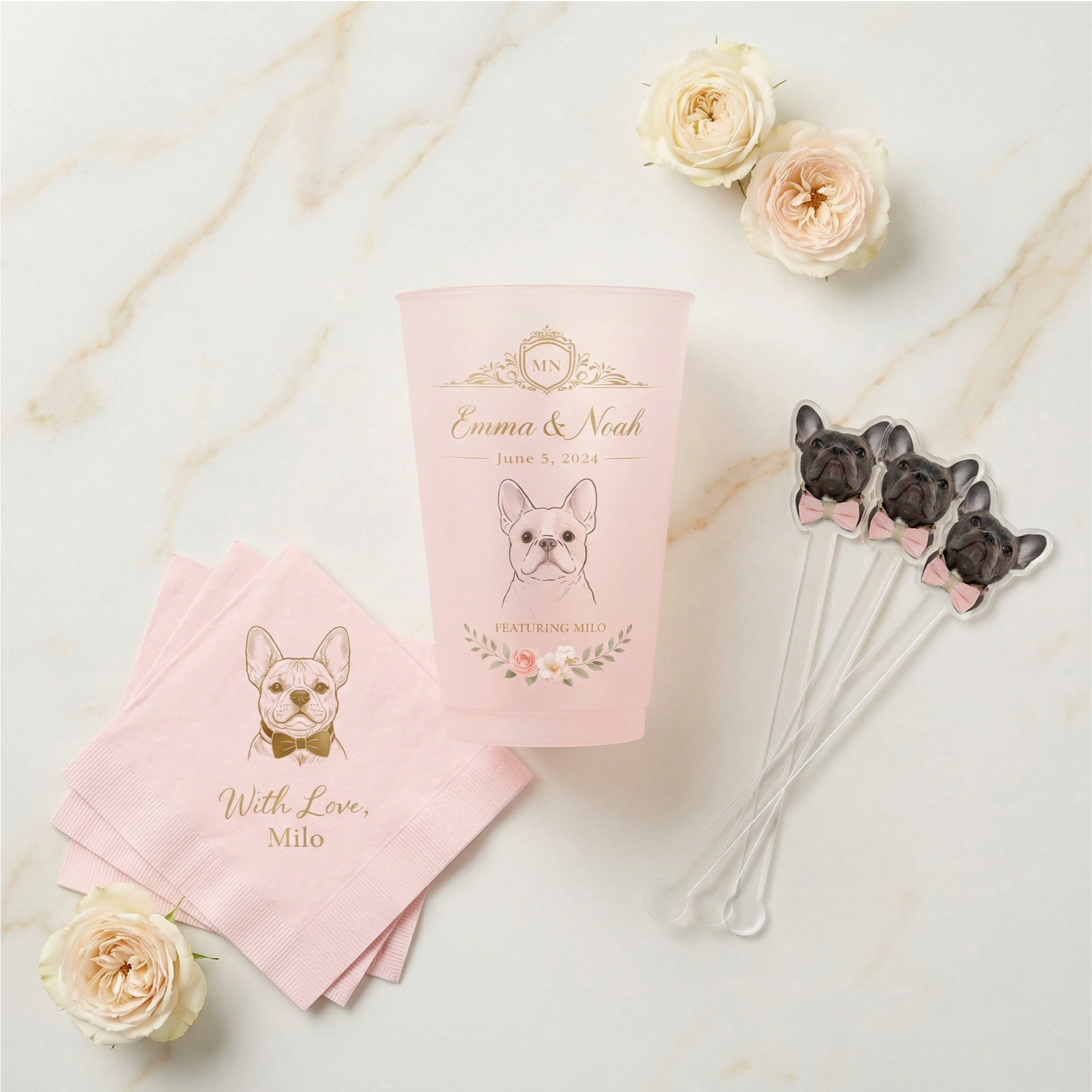 Pink cocktail napkin, cup, and stirrer with blue frenchie 