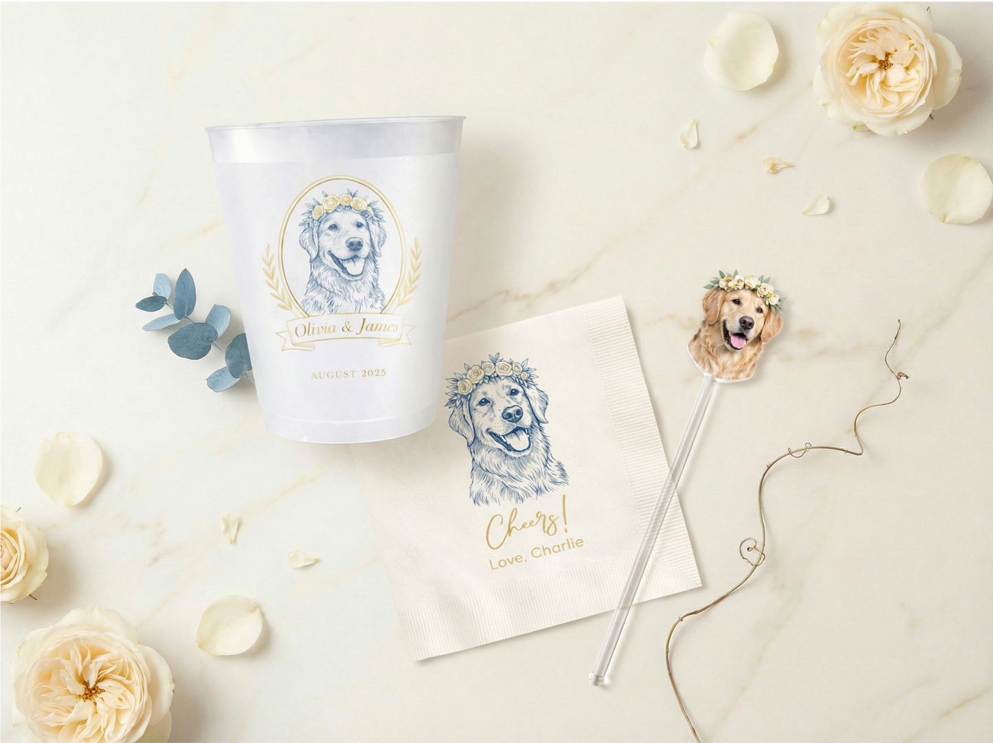 Tumbler, napkin, and straw with dog illustration on a light background