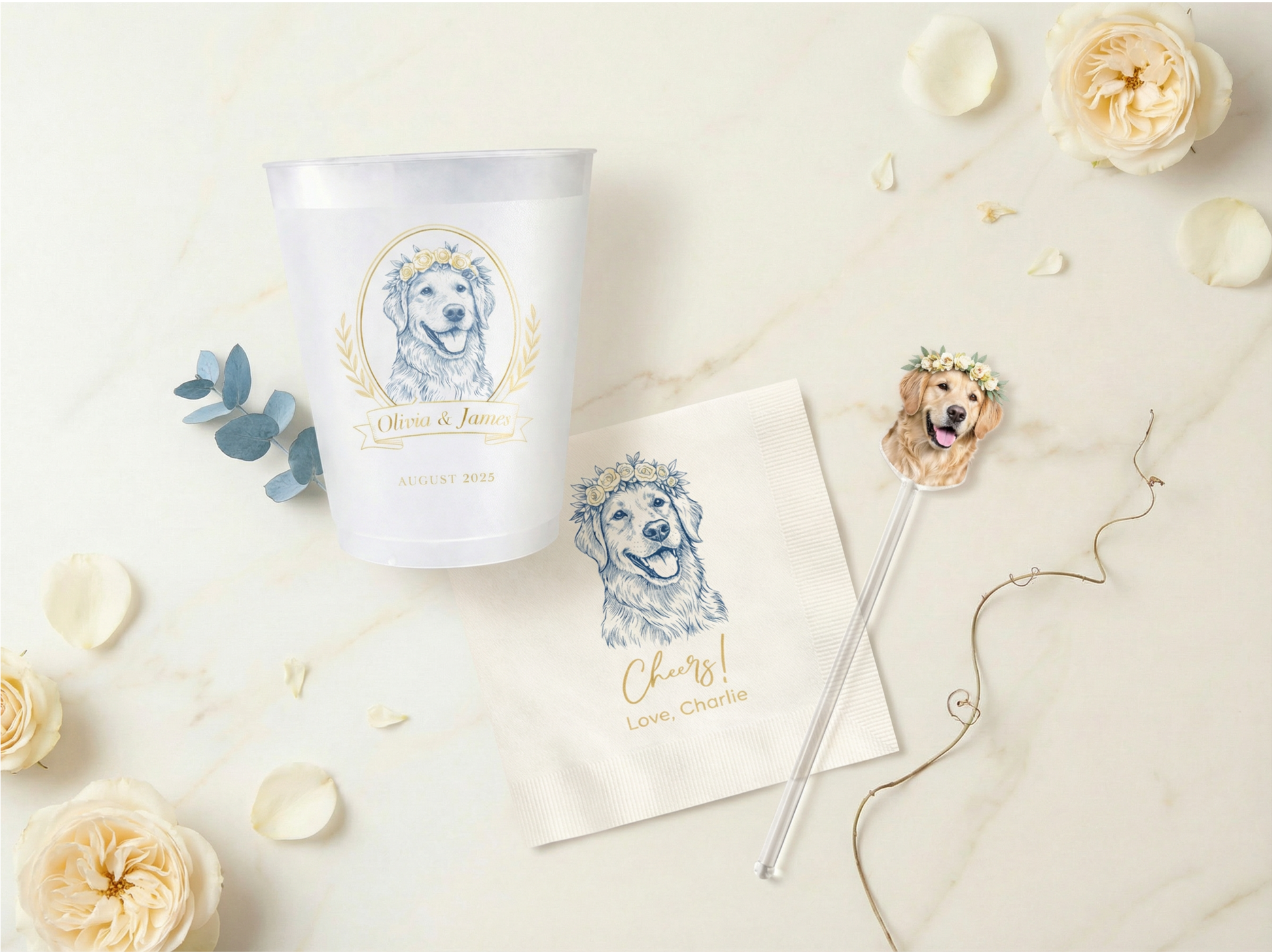 Tumbler, napkin, and straw with dog illustration on a light background