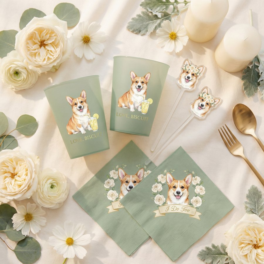 Custom dog bar set with napkins, stirrers, and cups from In Every Chapter