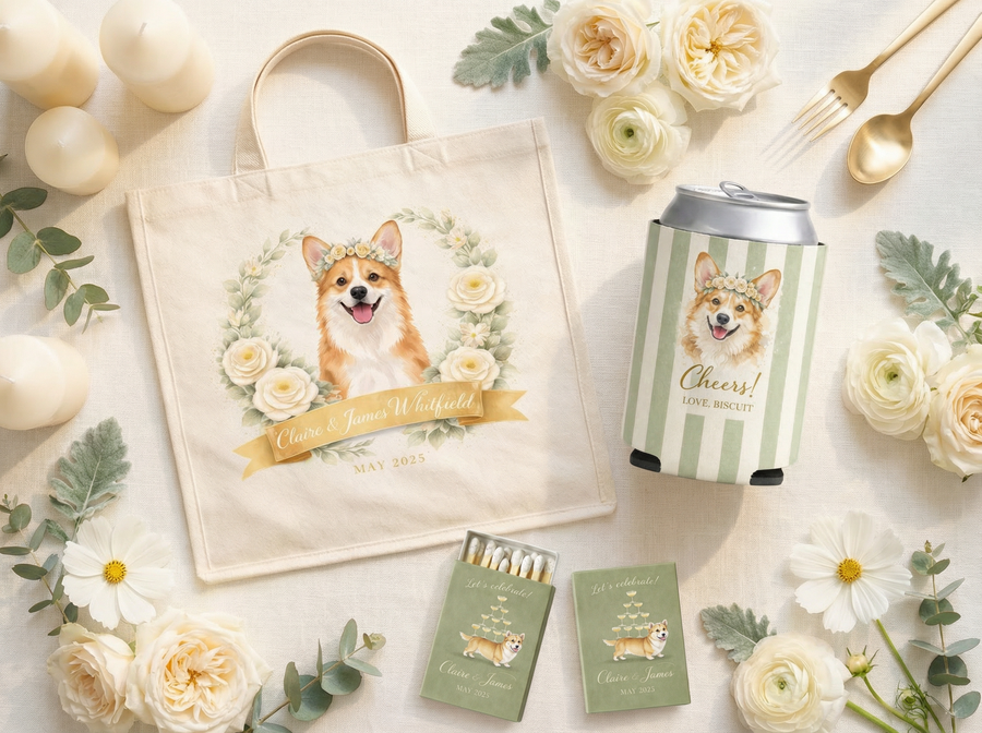 Custom dog wedding favors including matchboxes, coozies, and totes