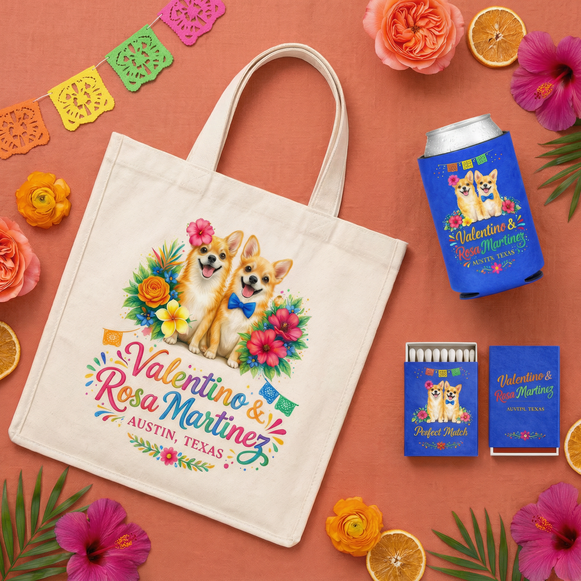 Tote bag, can cooler, and matchbox with dog design and personalized text on a floral background
