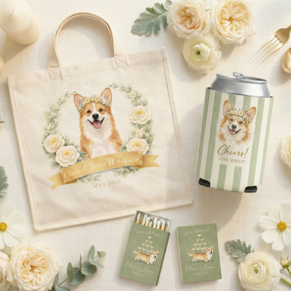 Wedding-themed products including a tote bag, can cooler, matches, and cards with a dog illustration on a floral background.