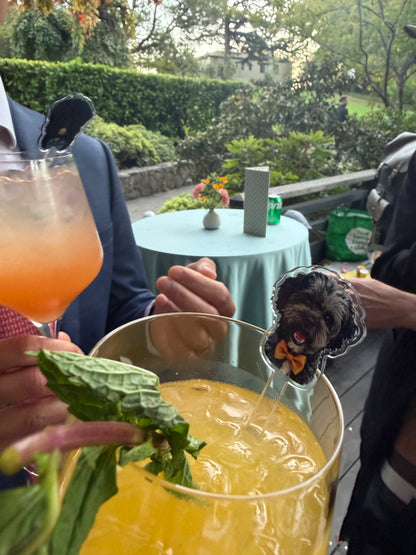 Orange cocktail with a custom dog stirrer at an outdoor wedding reception, beside a bowl of punch