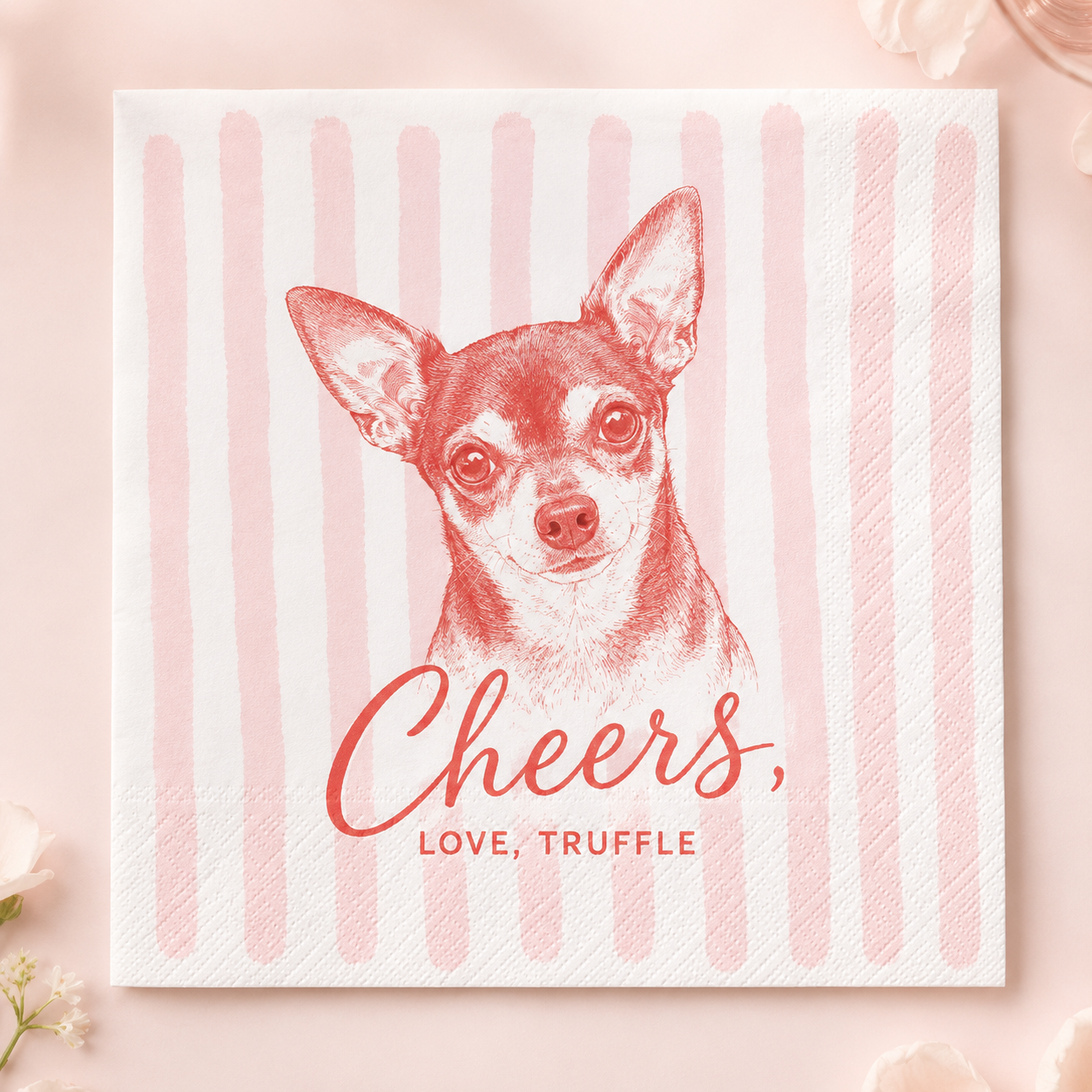 Card with a dog illustration and 'Cheers, Love, Truffle' text on a striped background