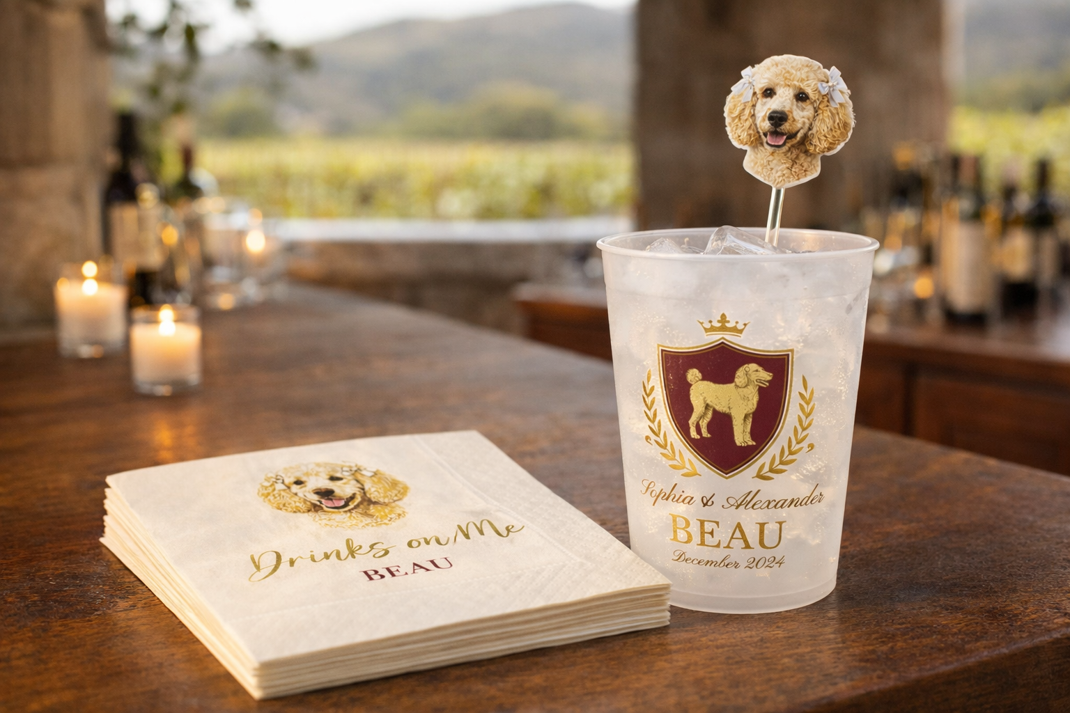 Dessert cup with personalized design on a wooden table outdoors.