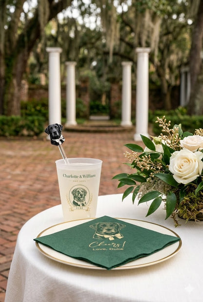 Table setting with a cup, plate, and napkin in a garden setting