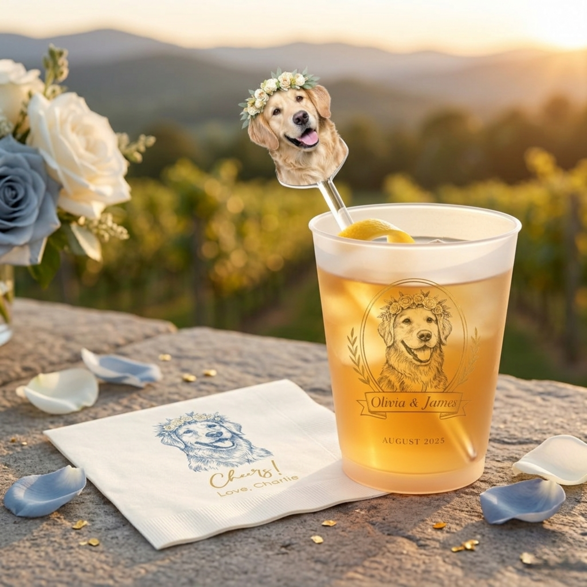 Decorative glass with a dog's face on a spoon, flowers, and a sunset background