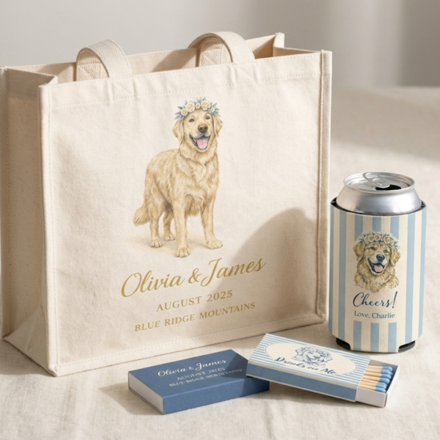 Personalized tote bag with a dog illustration and text, accompanied by a can and matches on a light surface.