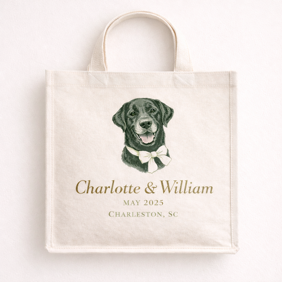 Tote bag with a black lab dog illustration and personalized text on a white background