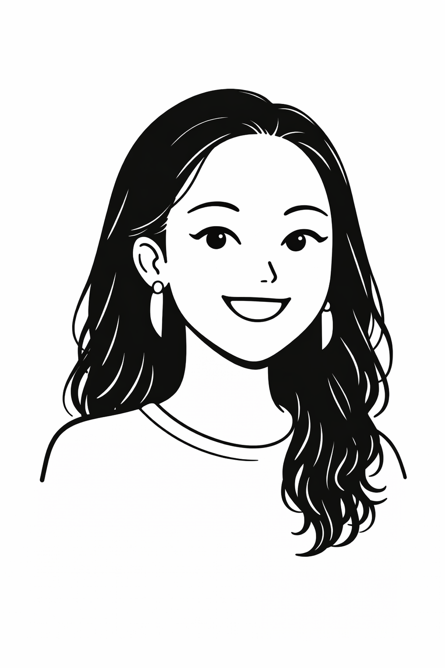 Black and white line drawing of a woman with long hair on a white background