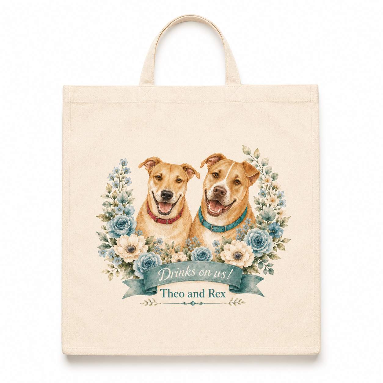 Tote bag with two dogs and floral design on a beige background