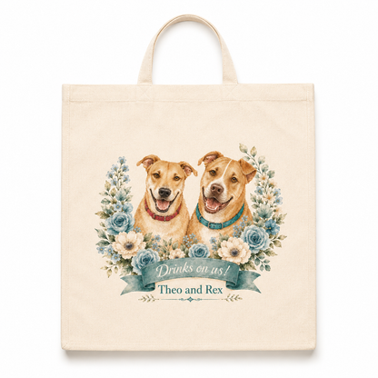 Tote bag with two dogs and floral design on a beige background