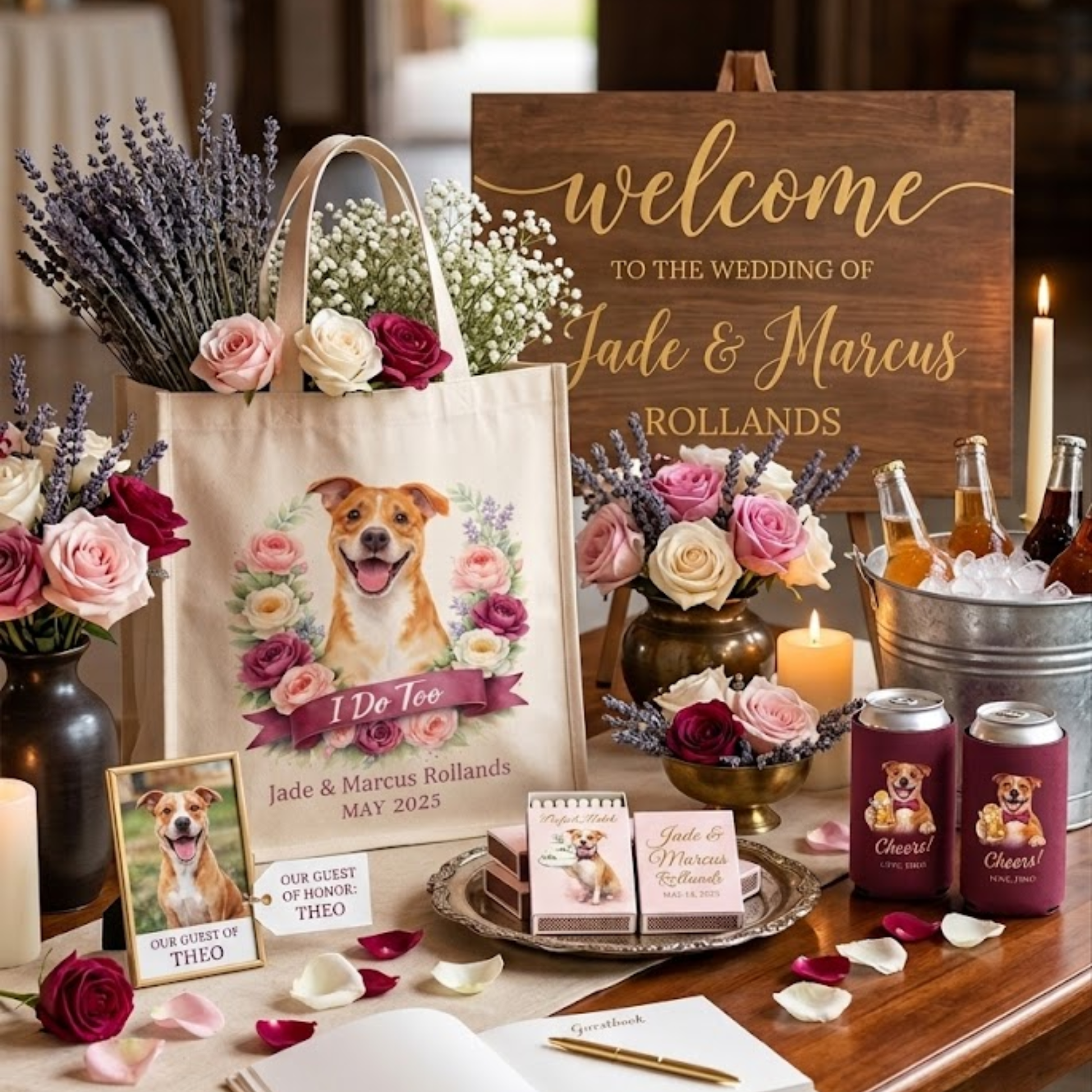 Wedding welcome sign with personalized items including a tote bag, flowers, and cans on a wooden table.