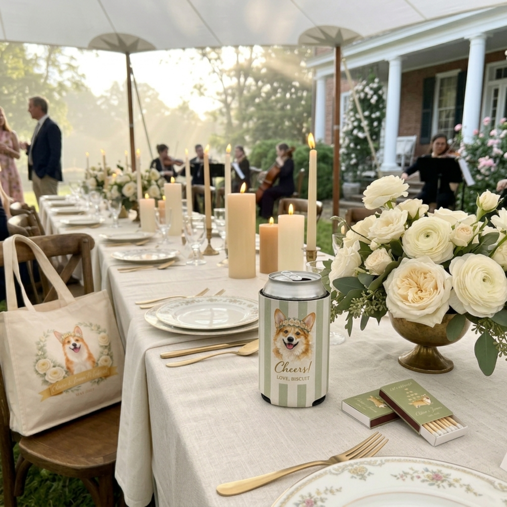 Outdoor table setting with can holder, matches, and tote bag featuring a dog design.