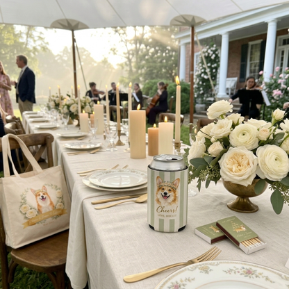 Outdoor table setting with can holder, matches, and tote bag featuring a dog design.