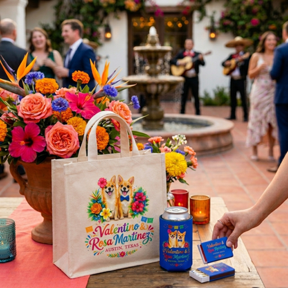 Decorative table setting with a 'Valentino & Rosa Martinez' tote bag, flowers, and people in the background.