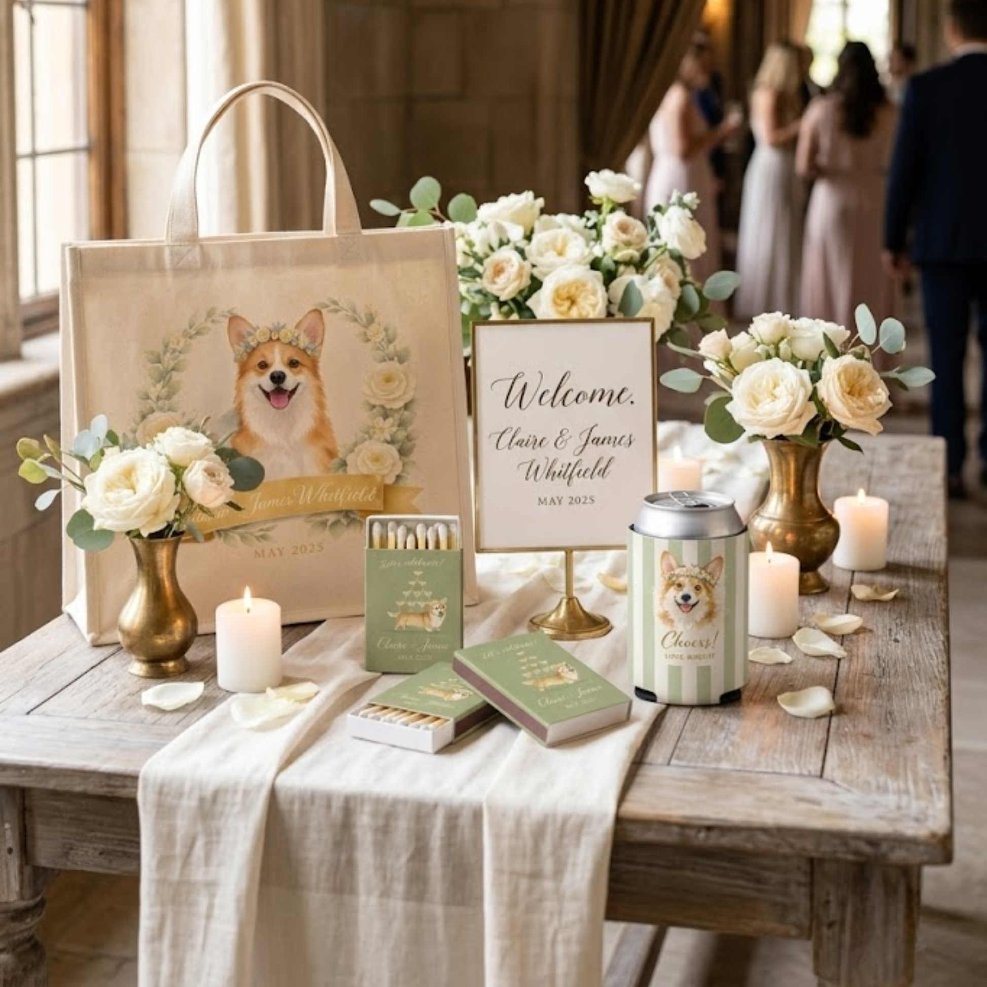 Decorative table setup with floral arrangements, candles, and a tote bag featuring a dog illustration.