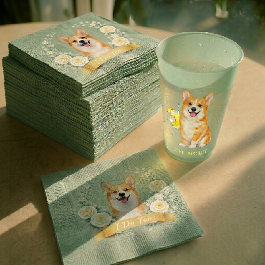Custom dog napkins and cups at the bar