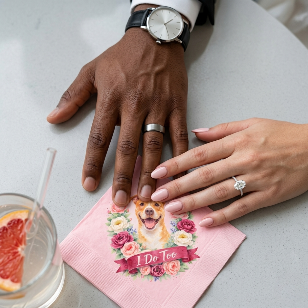 Two hands with wedding rings on a pink napkin with a dog illustration and 'I Do Too' text, next to a glass of orange juice.