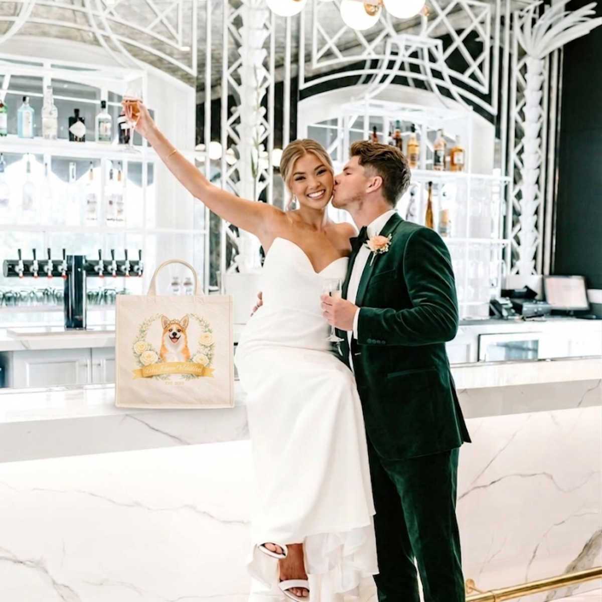 Couple in wedding attire with a tote bag featuring a dog illustration in a modern indoor setting.