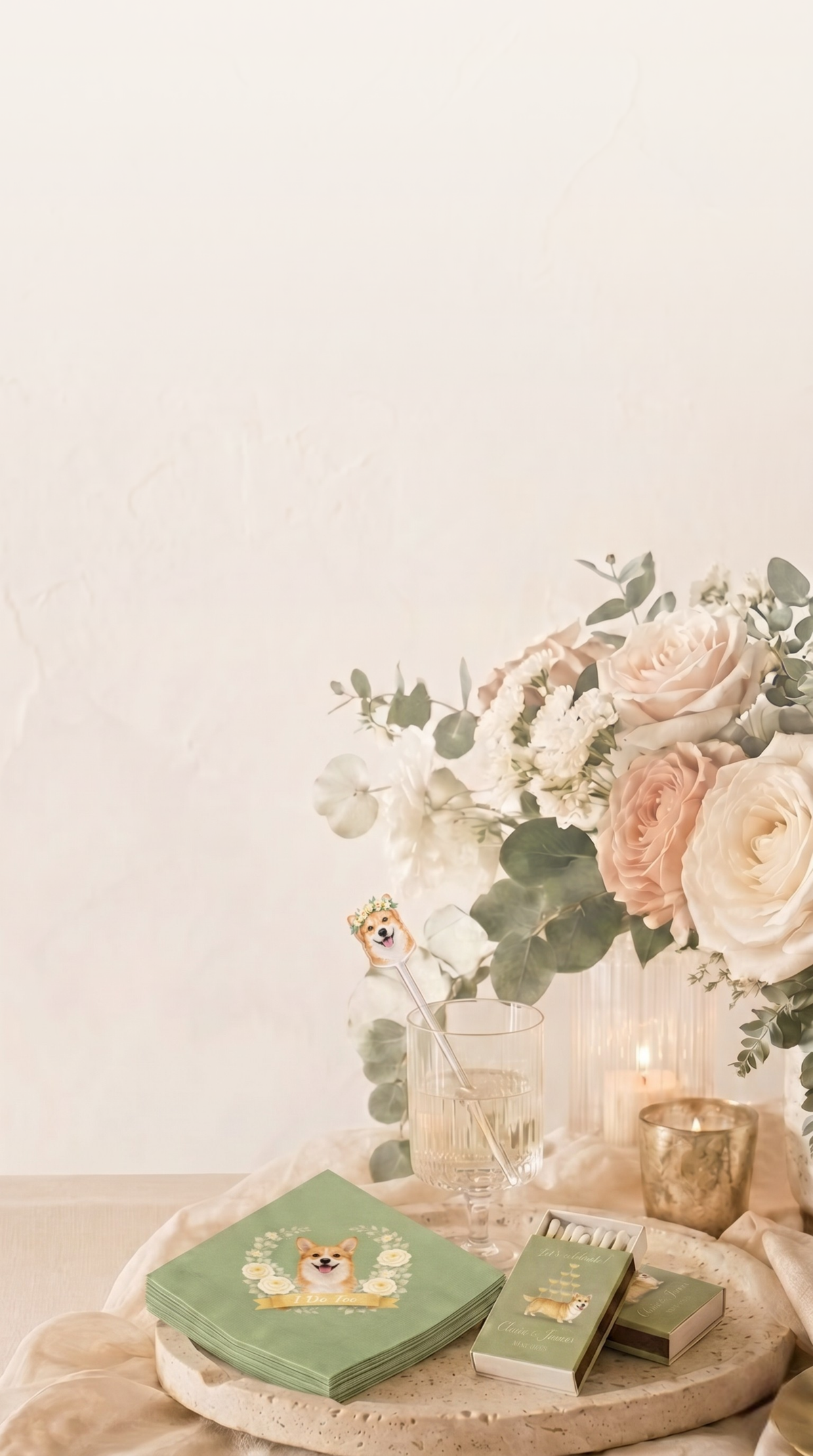 Decorative setting with flowers, candles, and stationery on a white surface.