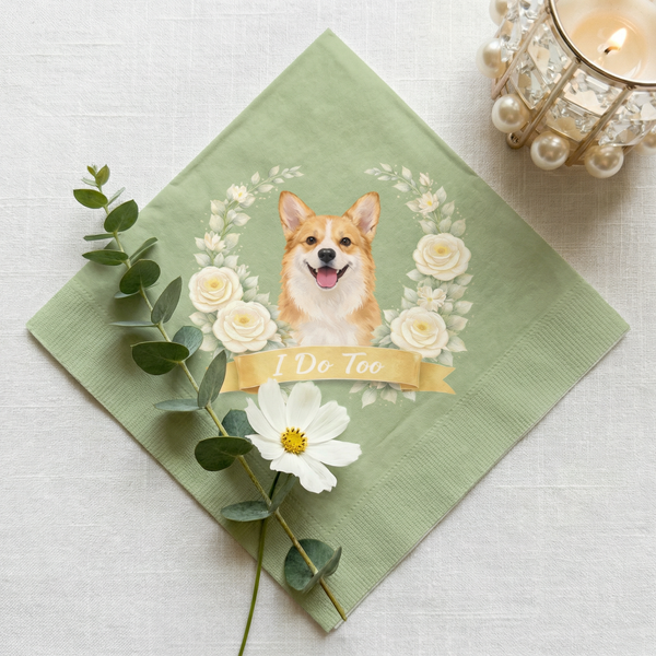 Napkin with a dog illustration and floral design on a light background
