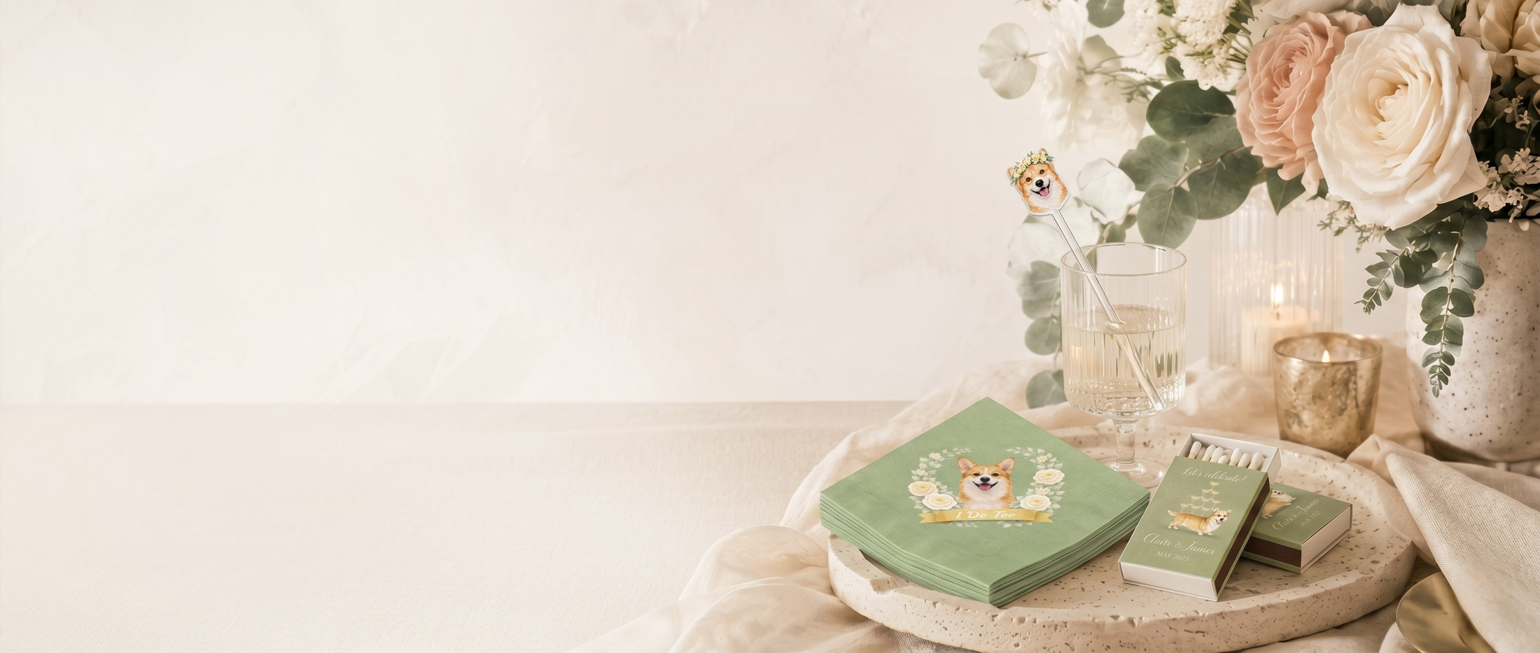 custom green corgi dog  illustrations on a stack of napkins, matchboxes, and drink stirrer on a wooden tray with flowers and candles.